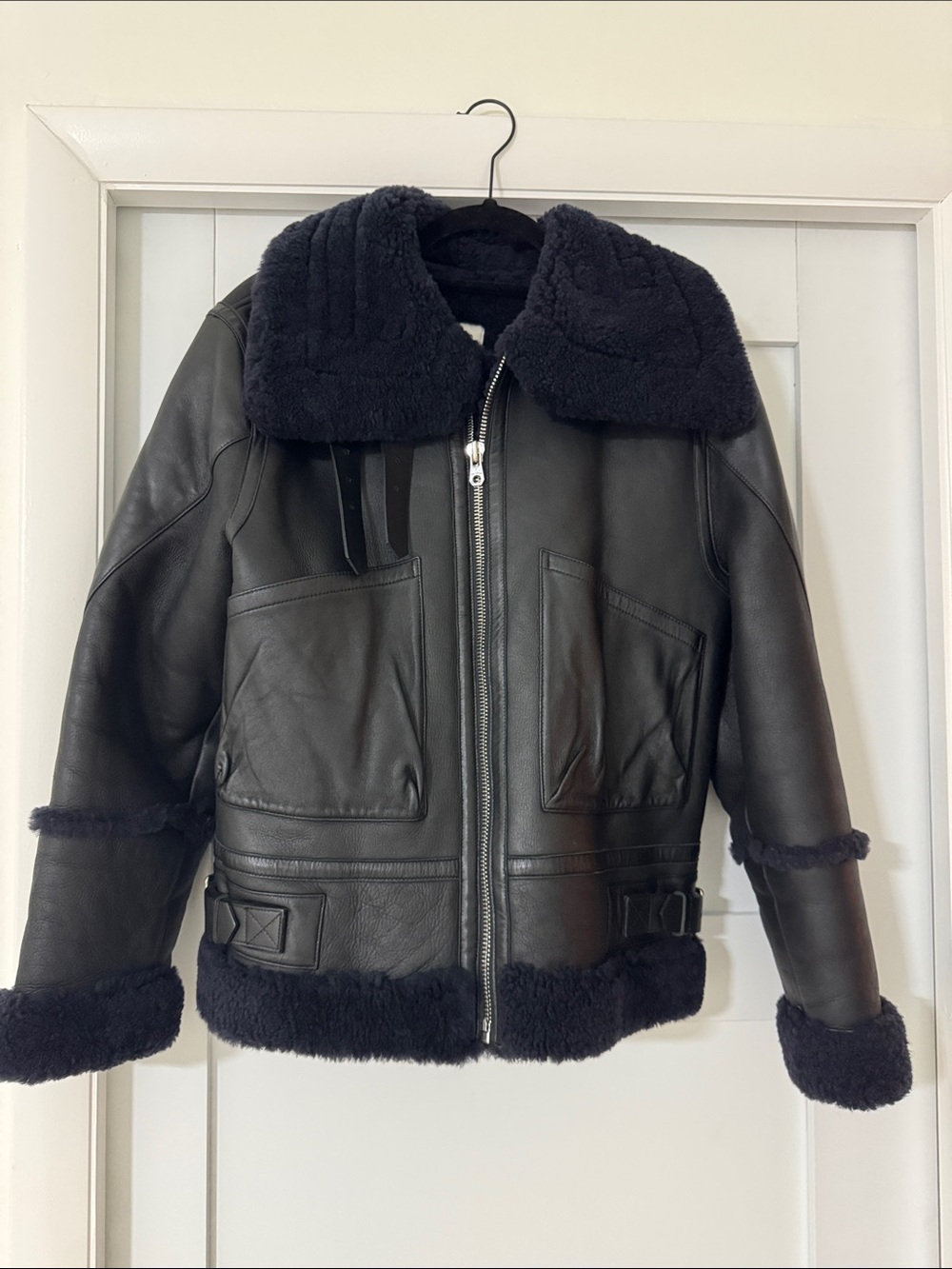 Women’s Black Shearling-Trim 100% Leather Jacket